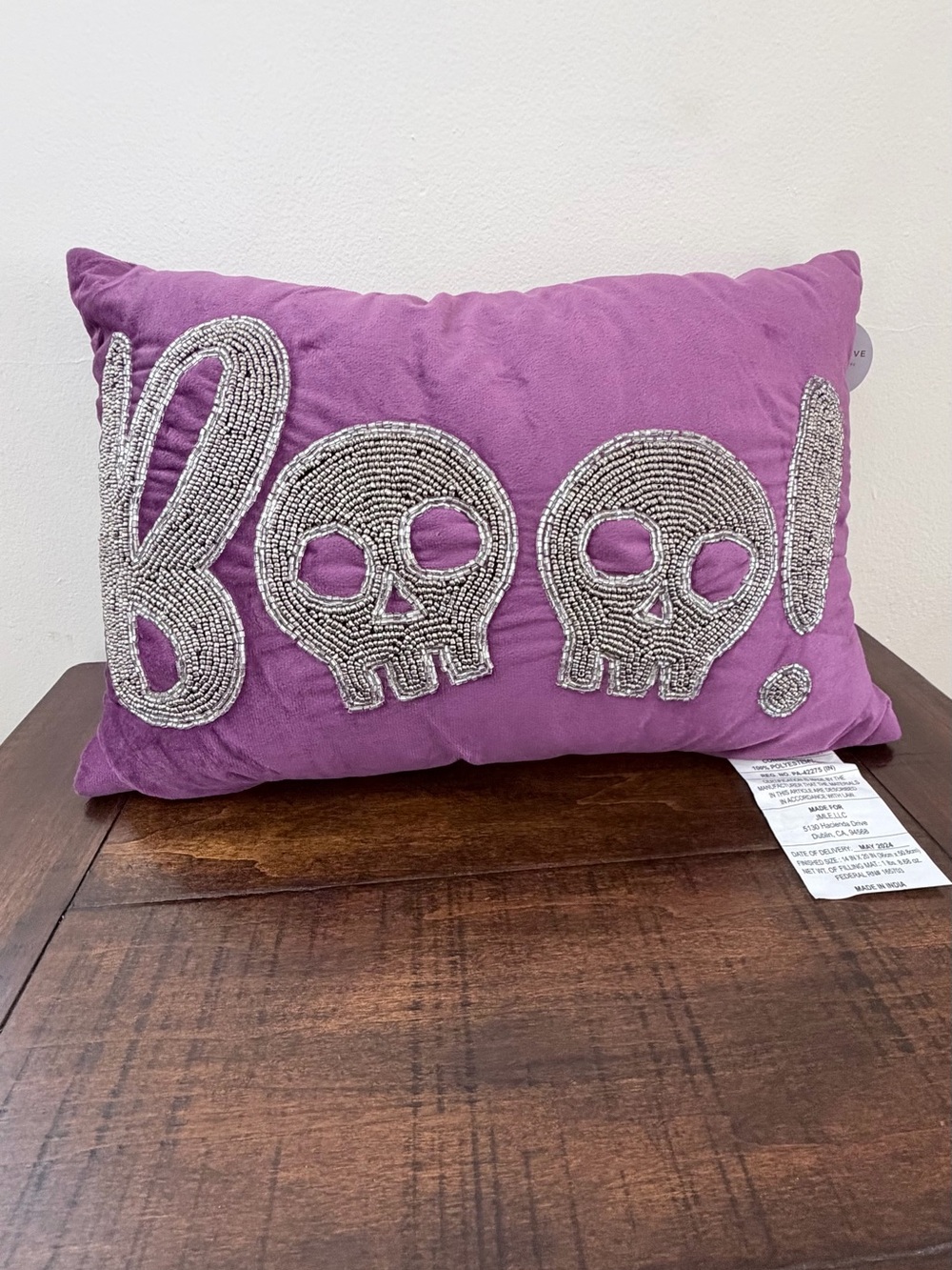 Halloween Beaded Pillow BOO Skulls Purple Velvet Lumbar Accent Cushion